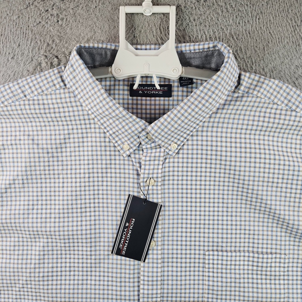 NEW Roundtree & Yorke Shirt Men 4XT Short‎ Sleeve Button Up White Brown Plaid